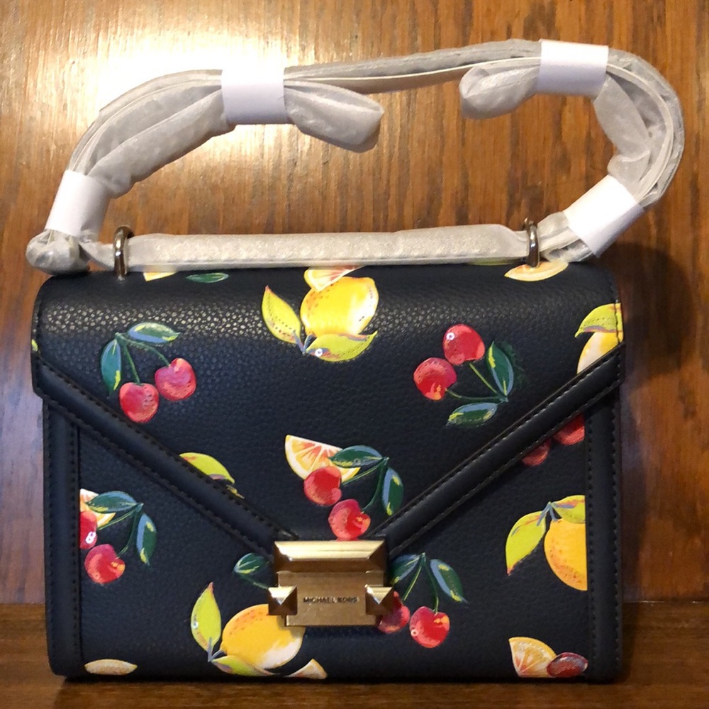 NWT-Michael Kors-Whitney-Medium Sequined Fruit🍒Print🍋Shoulder Bag-Navy-$628
